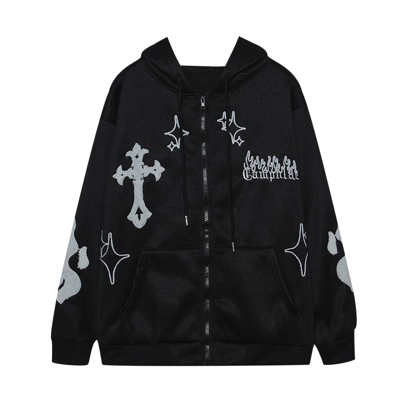 Europe and the United States Autumn and Winter Hoodie Embroidered Cross Fire Jacket