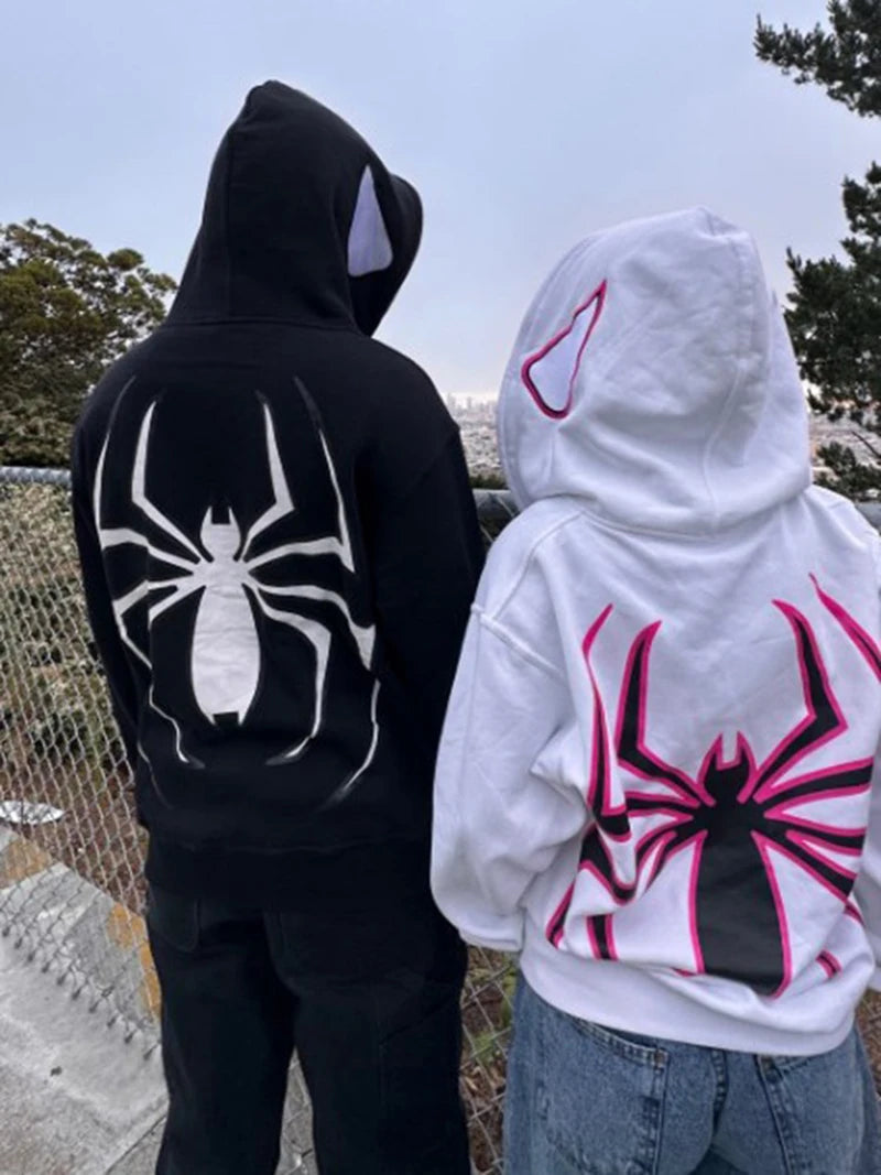 Y2k Spider Hoodies Women Men Hip Hop Zip Up Long Sleeve