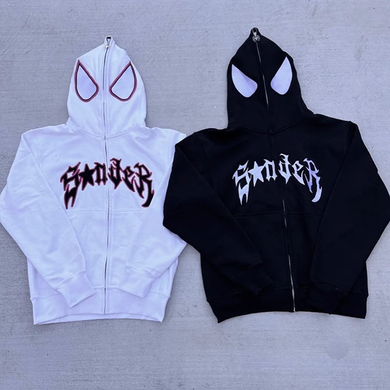 Y2k Spider Hoodies Women Men Hip Hop Zip Up Long Sleeve