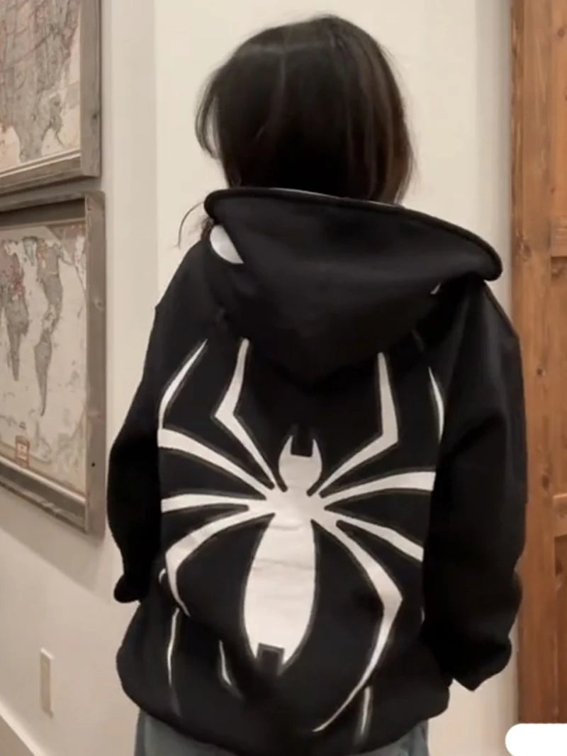 Y2k Spider Hoodies Women Men Hip Hop Zip Up Long Sleeve