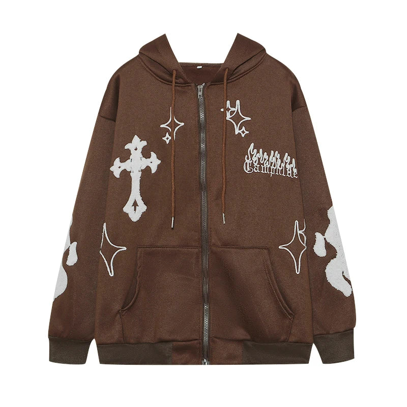 Europe and the United States Autumn and Winter Hoodie Embroidered Cross Fire Jacket