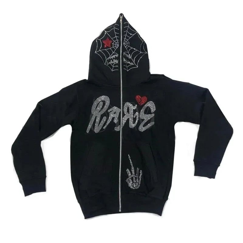 Fashion Punk Y2k Gothic Grunge Rhinestones Spider Web Zip Up Hoodies