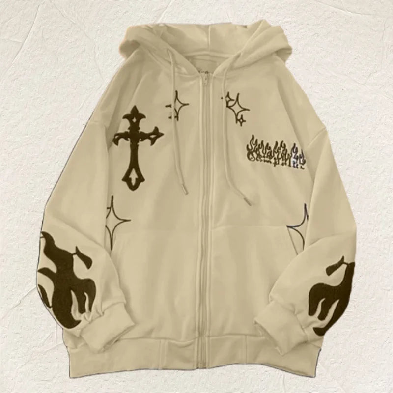 Europe and the United States Autumn and Winter Hoodie Embroidered Cross Fire Jacket