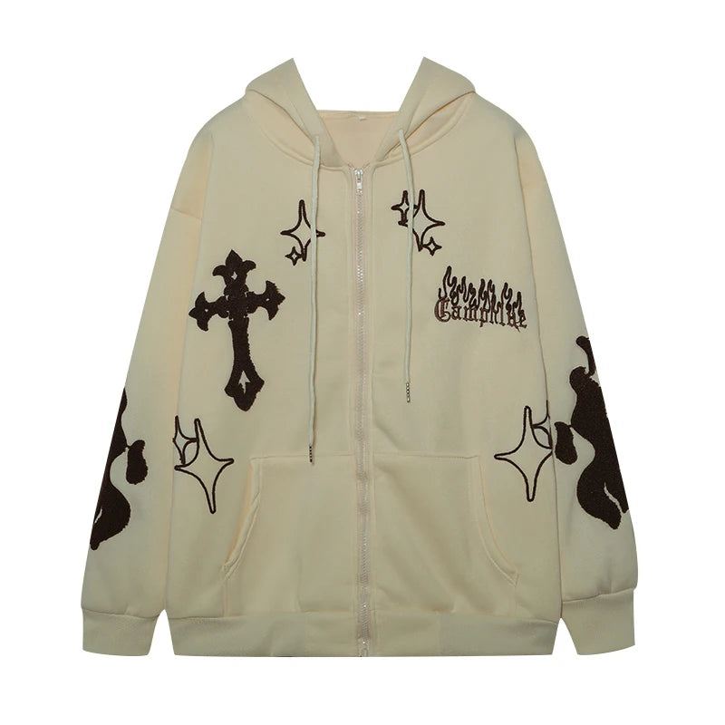 Europe and the United States Autumn and Winter Hoodie Embroidered Cross Fire Jacket