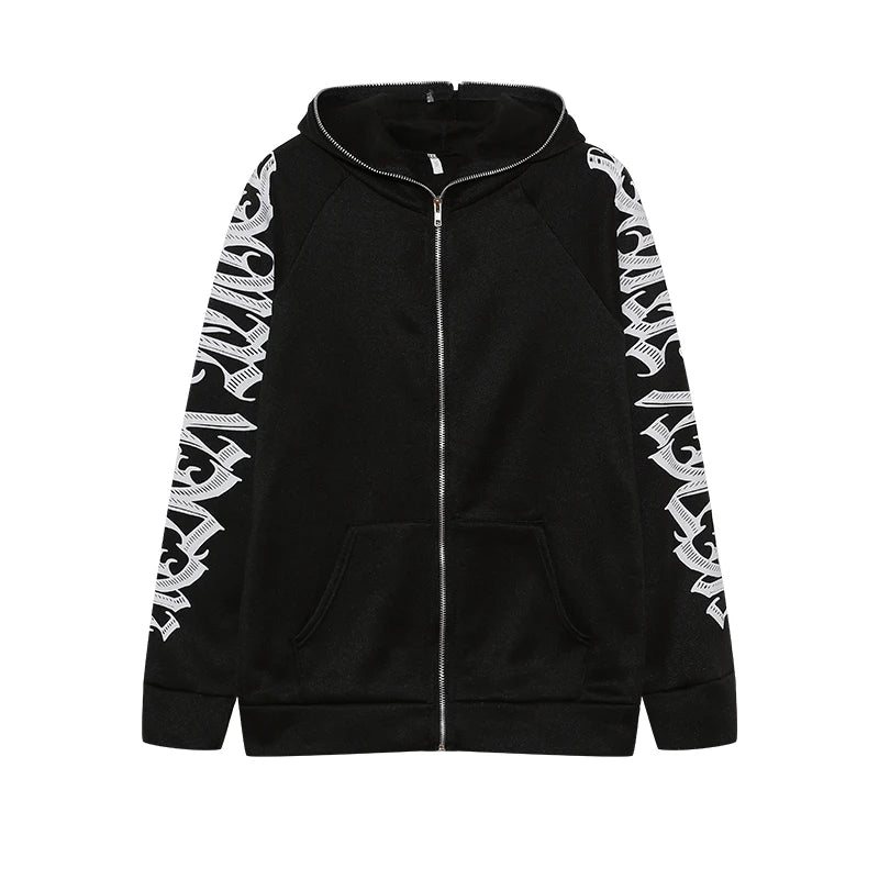 Fashion Trend Monochrome Printed Punk Cool Hoodie Zipper Long Sleeve Sweater