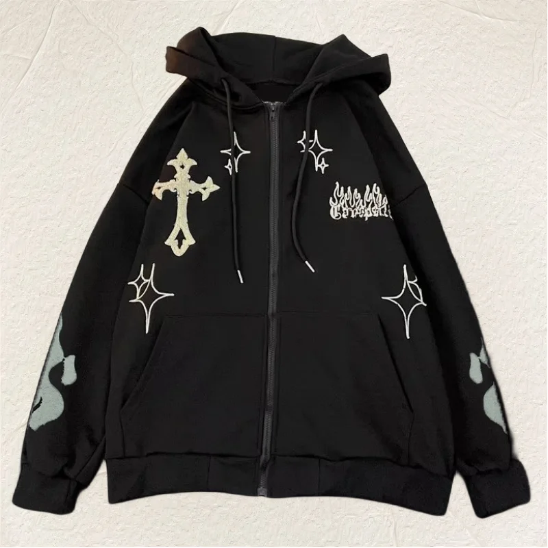 Europe and the United States Autumn and Winter Hoodie Embroidered Cross Fire Jacket