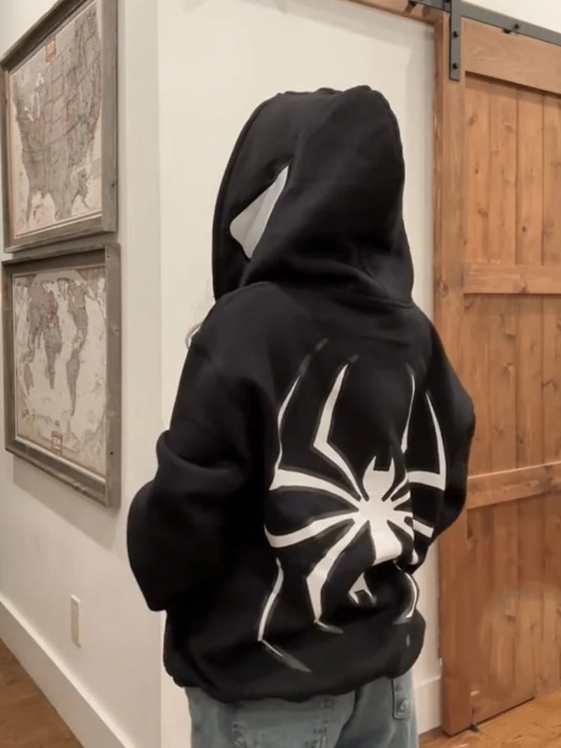 Y2k Spider Hoodies Women Men Hip Hop Zip Up Long Sleeve