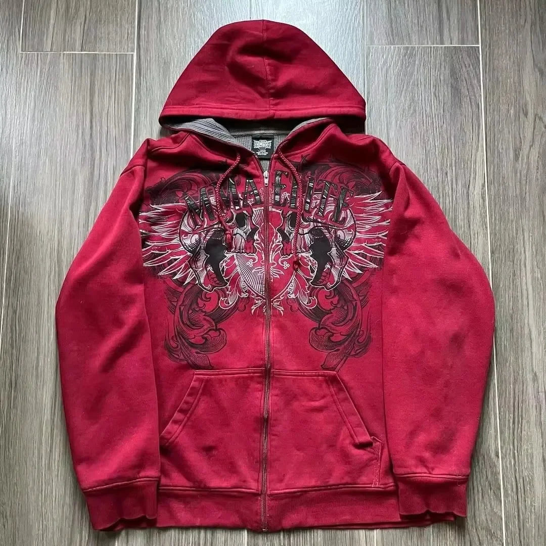 LESBON - 2000s New Y2K Cotton Red Couple Zipper Hoodie