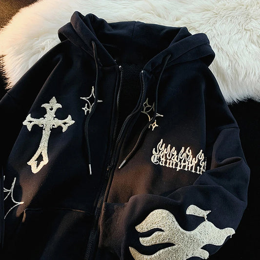 Europe and the United States Autumn and Winter Hoodie Embroidered Cross Fire Jacket