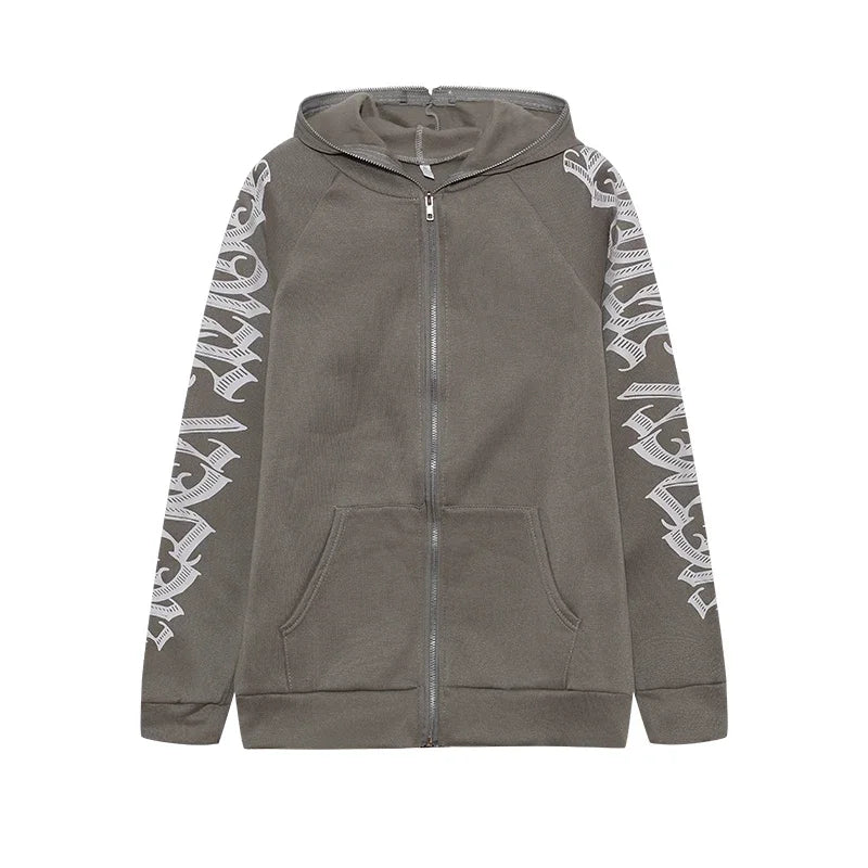 Fashion Trend Monochrome Printed Punk Cool Hoodie Zipper Long Sleeve Sweater