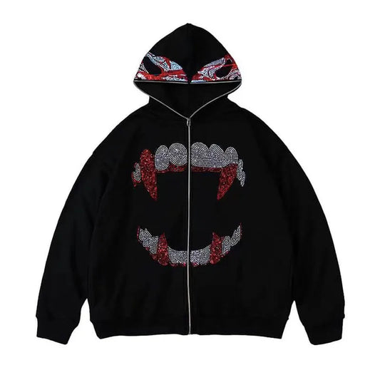 Autumn Fashion Punk Y2k Gothic Grunge Rhinestones Teeth Zip Up Hoodies