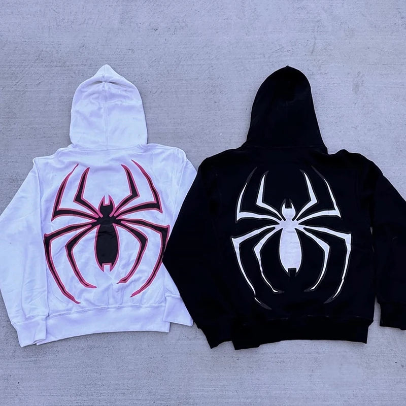 Y2k Spider Hoodies Women Men Hip Hop Zip Up Long Sleeve